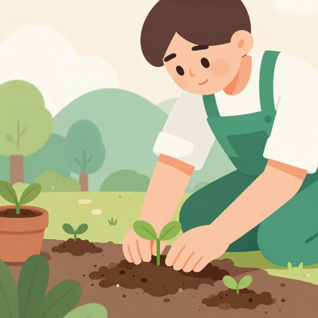 Una persona inginocchiata in un giardino, che pianta con cura un piccolo germoglio verde con entrambe le mani.