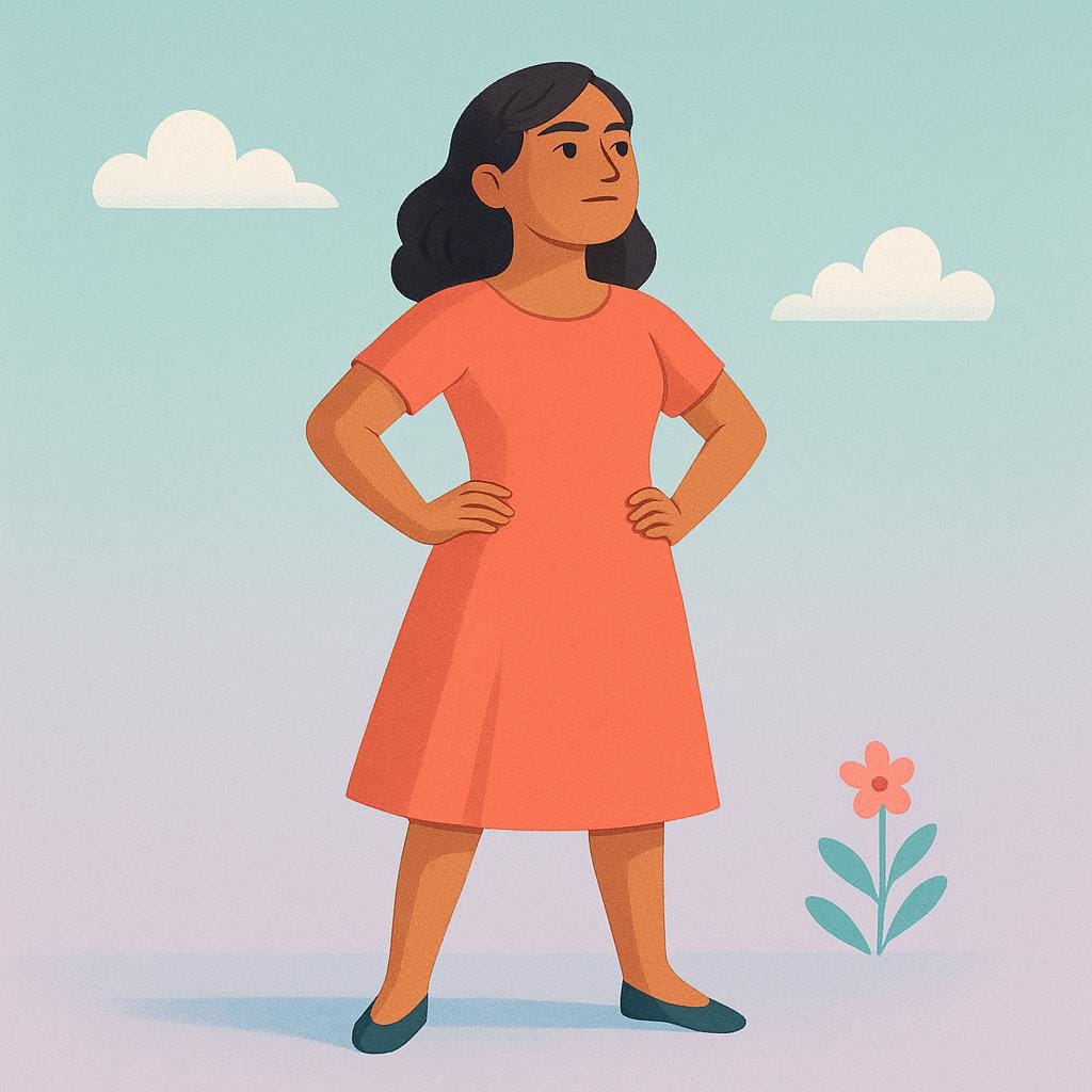 Un ritratto di una donna sicura di sé con una postura forte, in piedi con le mani sui fianchi e uno sguardo determinato.