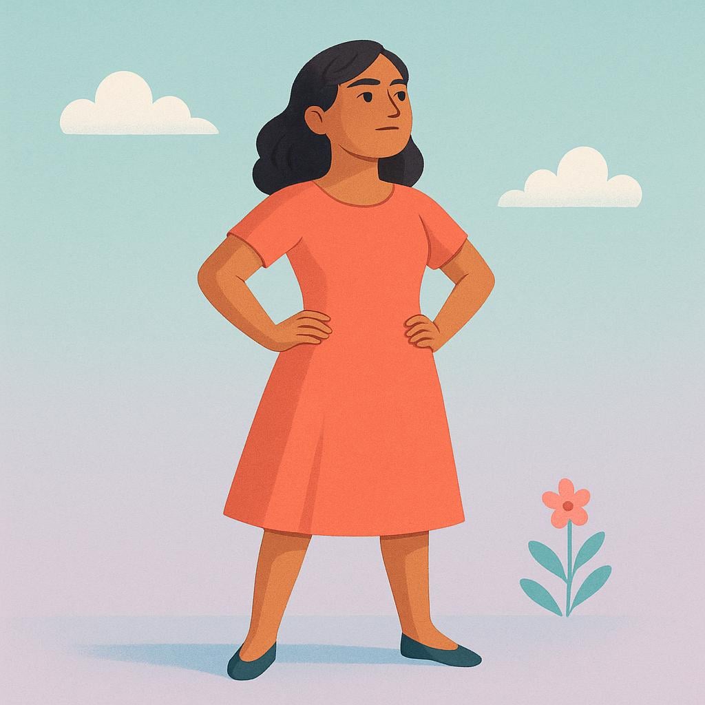 A portrait of a confident woman with strong posture, standing with her hands on her hips and a determined look.