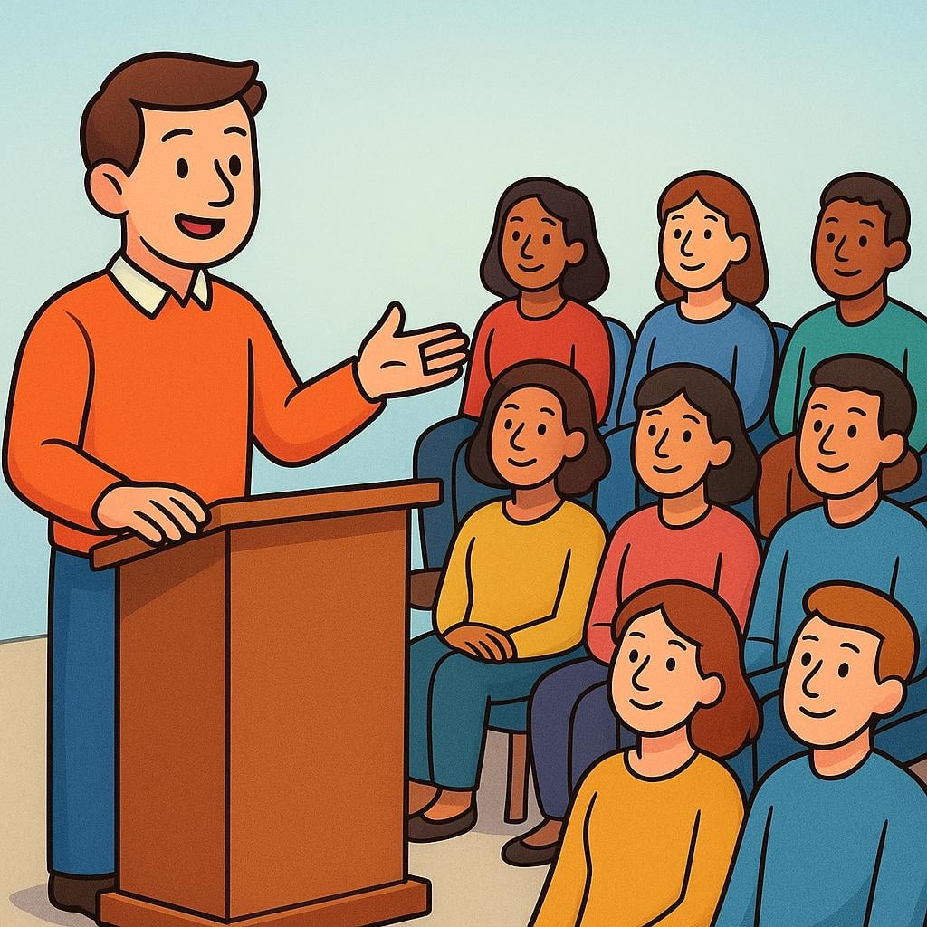 A simplified character standing at a podium, addressing a diverse seated audience composed of men and women.