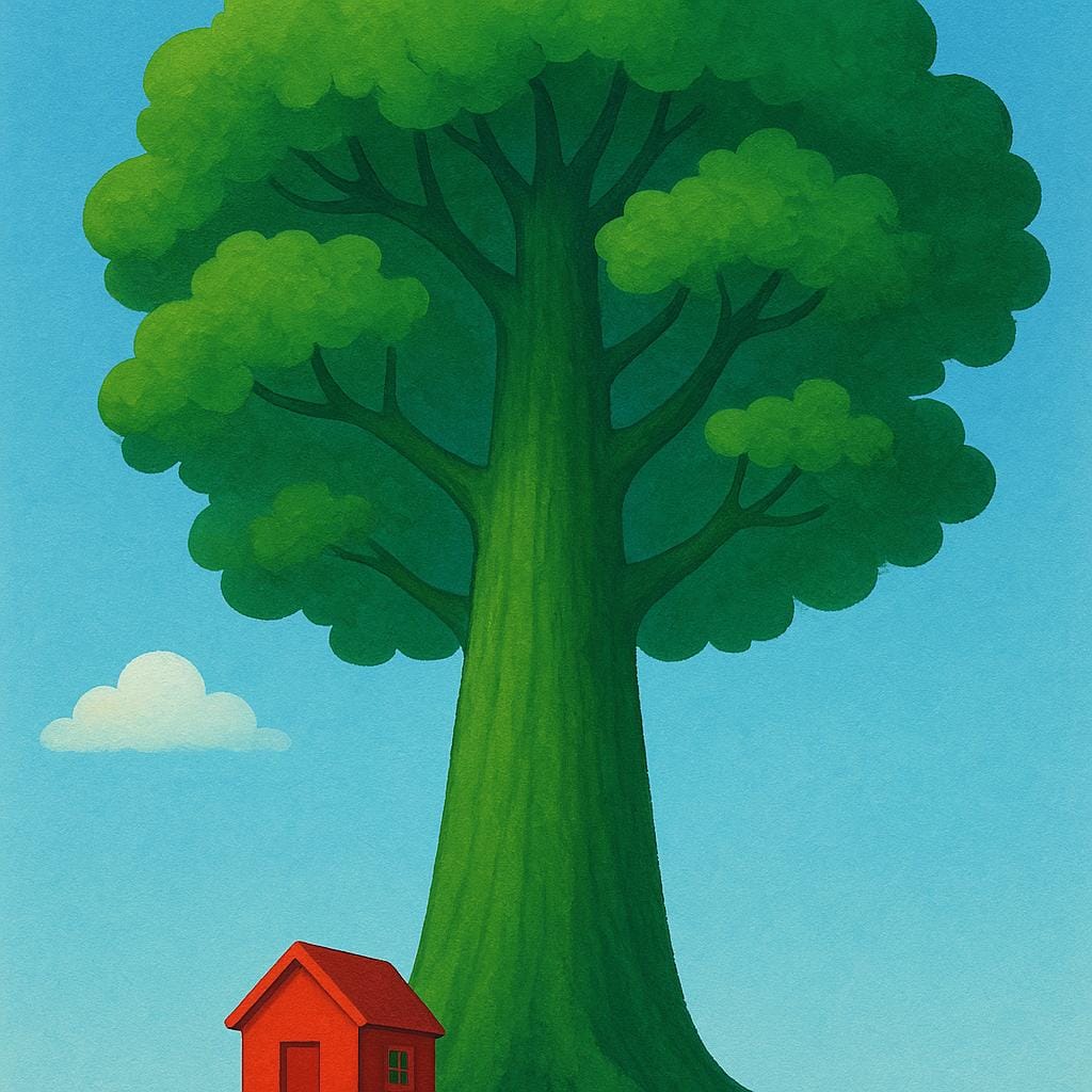 A massive, impossibly tall green tree dominates the landscape, illustrating an extreme degree of height. A tiny red house is visible at the base for scale.