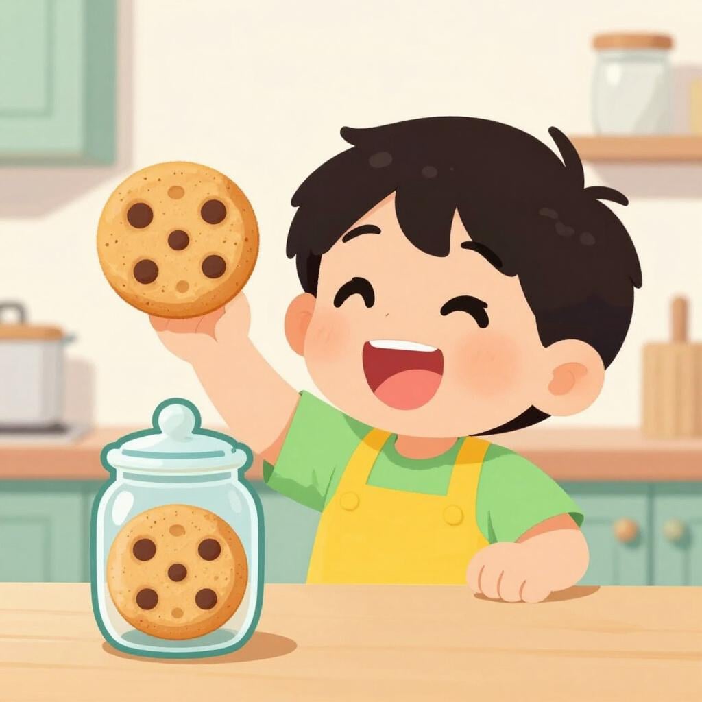 Un bambino dispettoso colto con la mano nel barattolo dei biscotti, che sorride ampiamente senza alcun rimpianto.