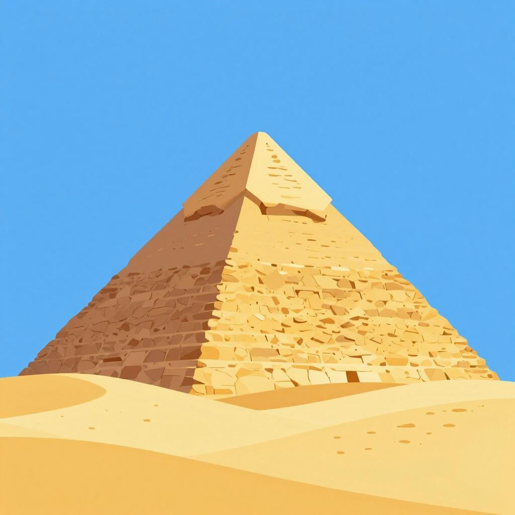 A large stone pyramid under a bright sun in a desert landscape.
