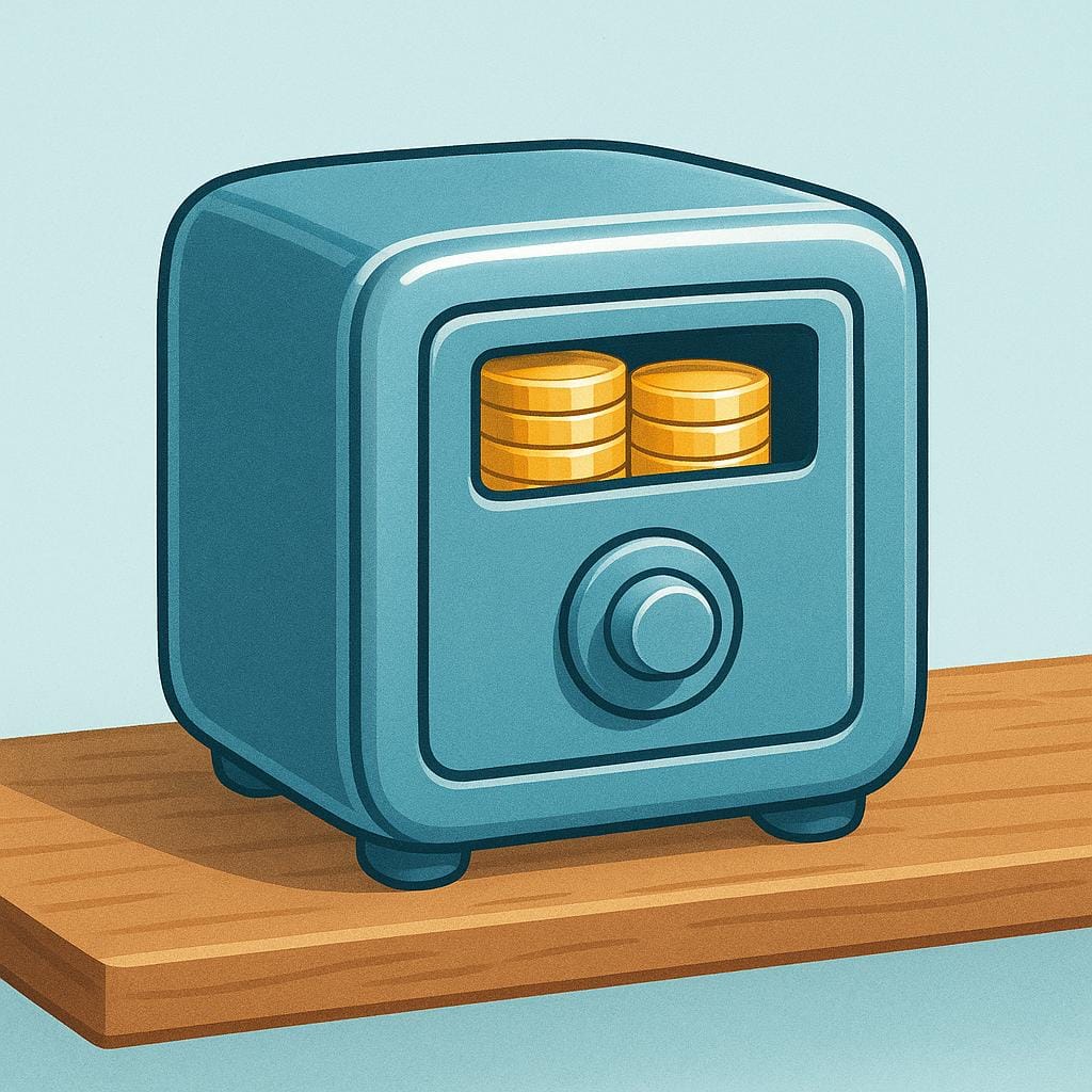 A small, secure metal safe resting on a wooden shelf. Stacks of golden coins are visible inside the safe through a narrow opening, symbolizing money that has been successfully saved.