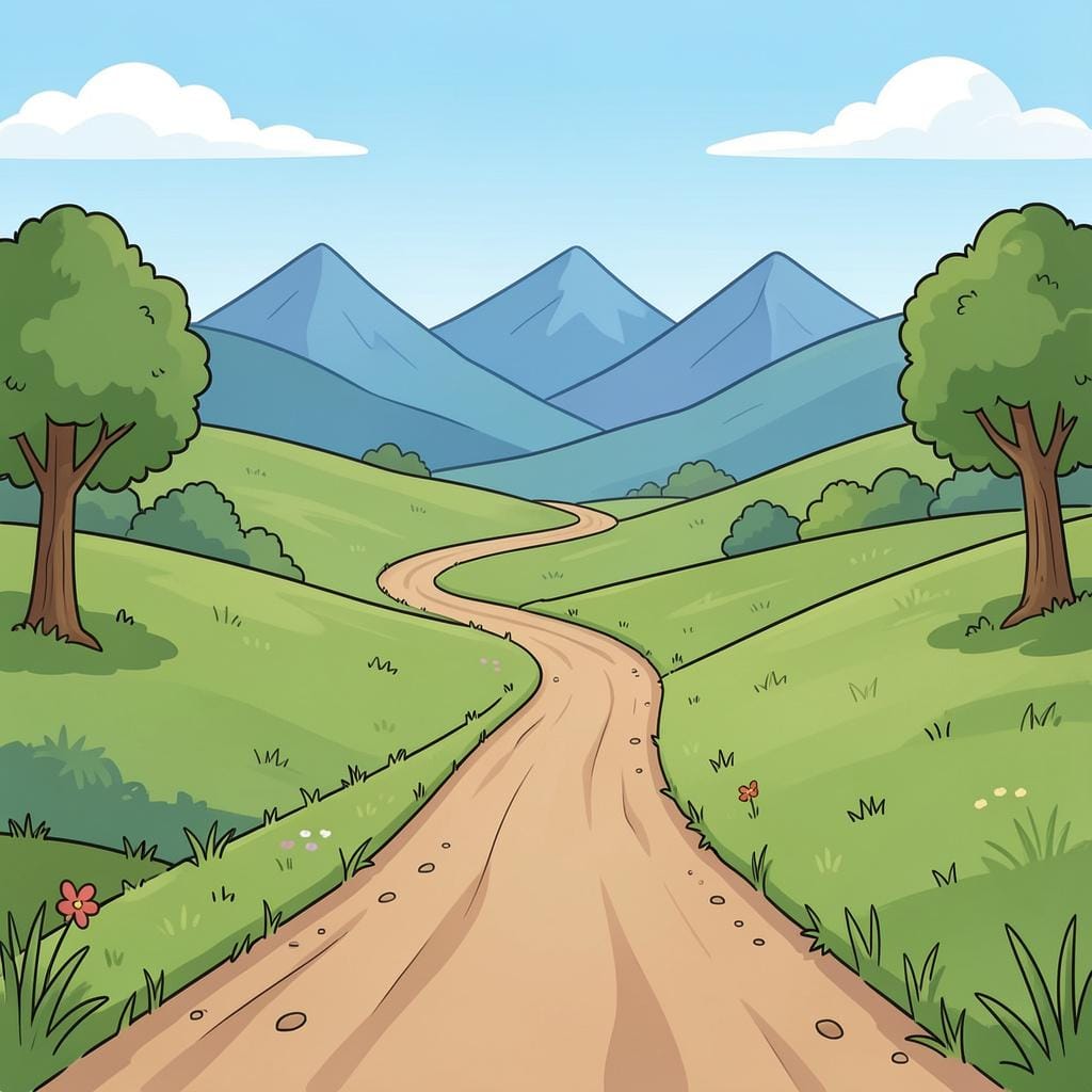 A winding road disappearing into distant green mountains under a bright blue sky.