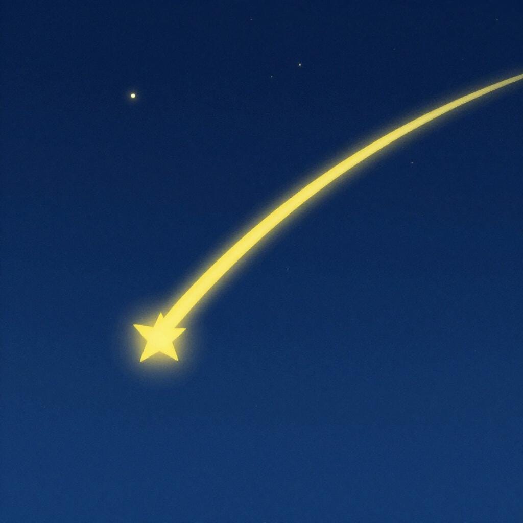 A bright shooting star with a glowing trail streaking across a dark blue starry night sky.