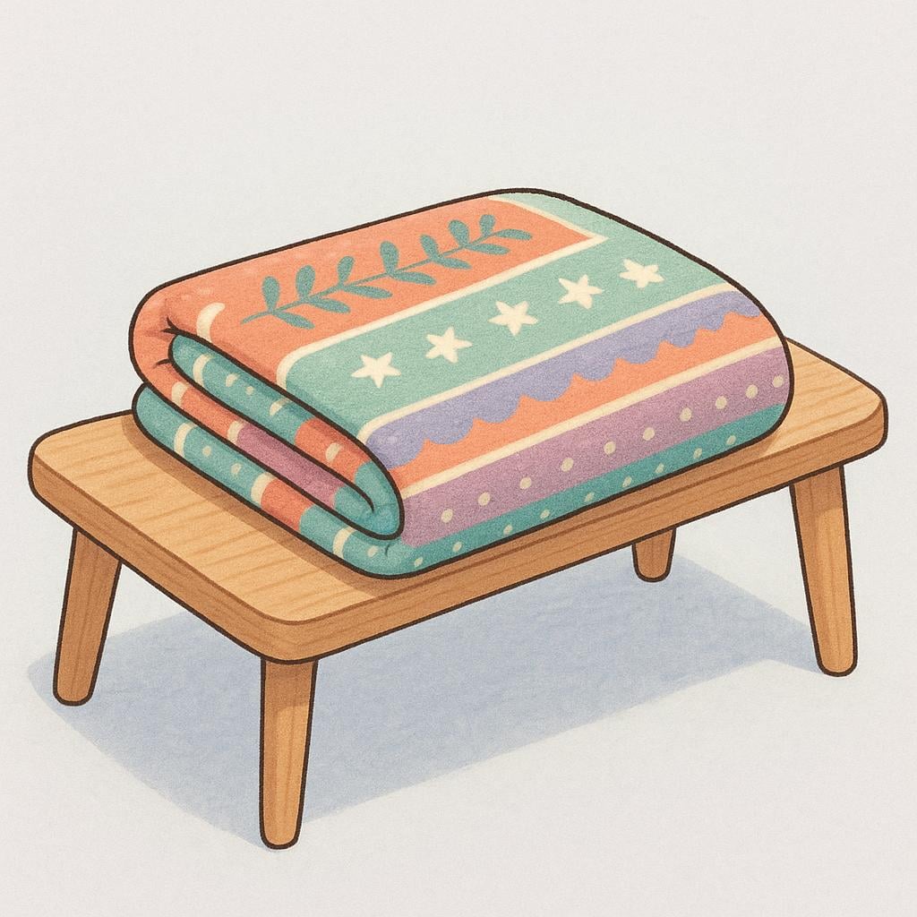 A cozy, colorful patterned blanket neatly folded on a simple wooden bench, ready for use.