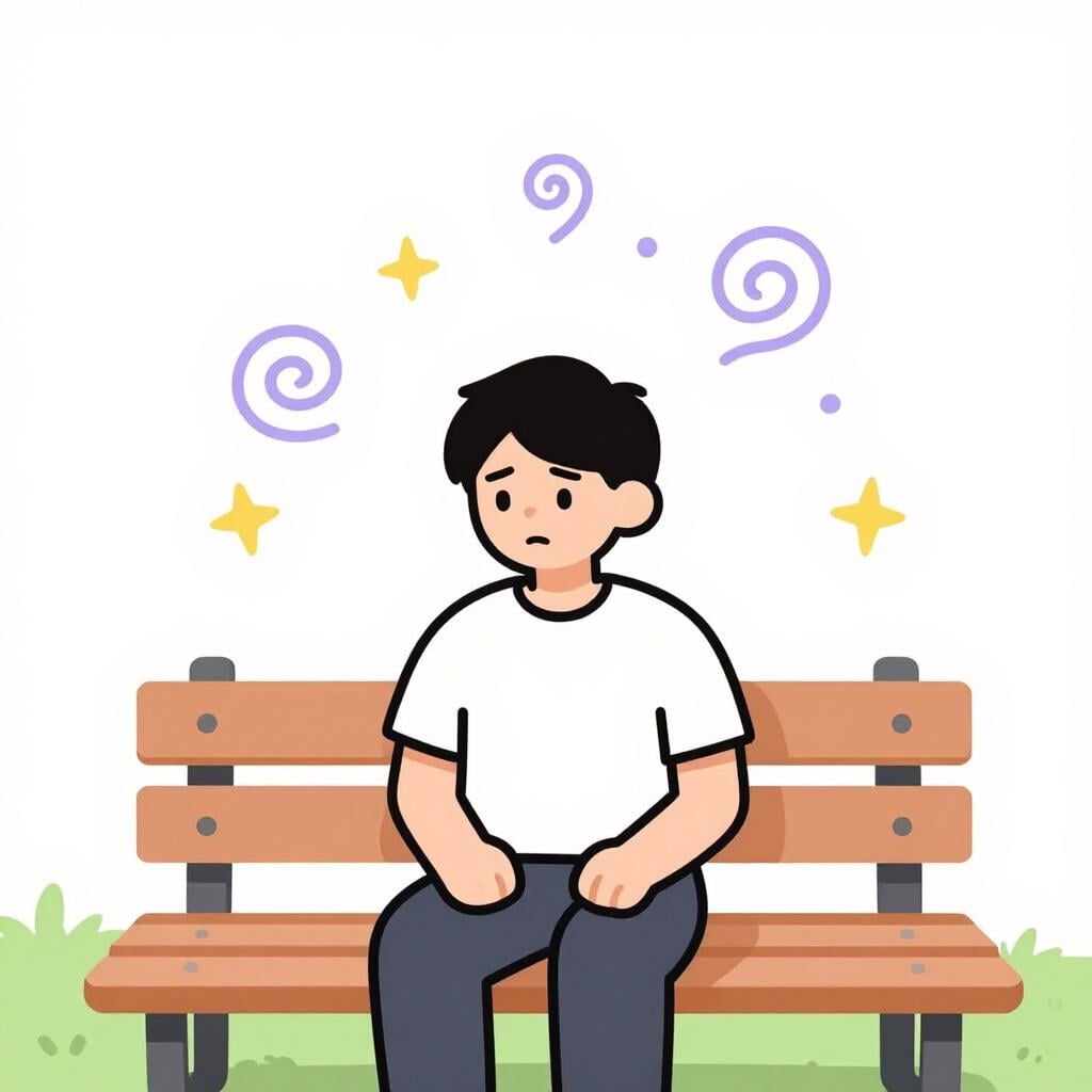 A character sitting on a bench with swirling spiral lines above their head to indicate feeling dizzy.