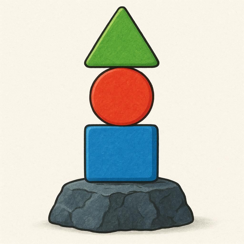 A sturdy, flat bedrock foundation supporting a precarious stack of three differently colored geometric blocks, symbolizing concepts or ideas.