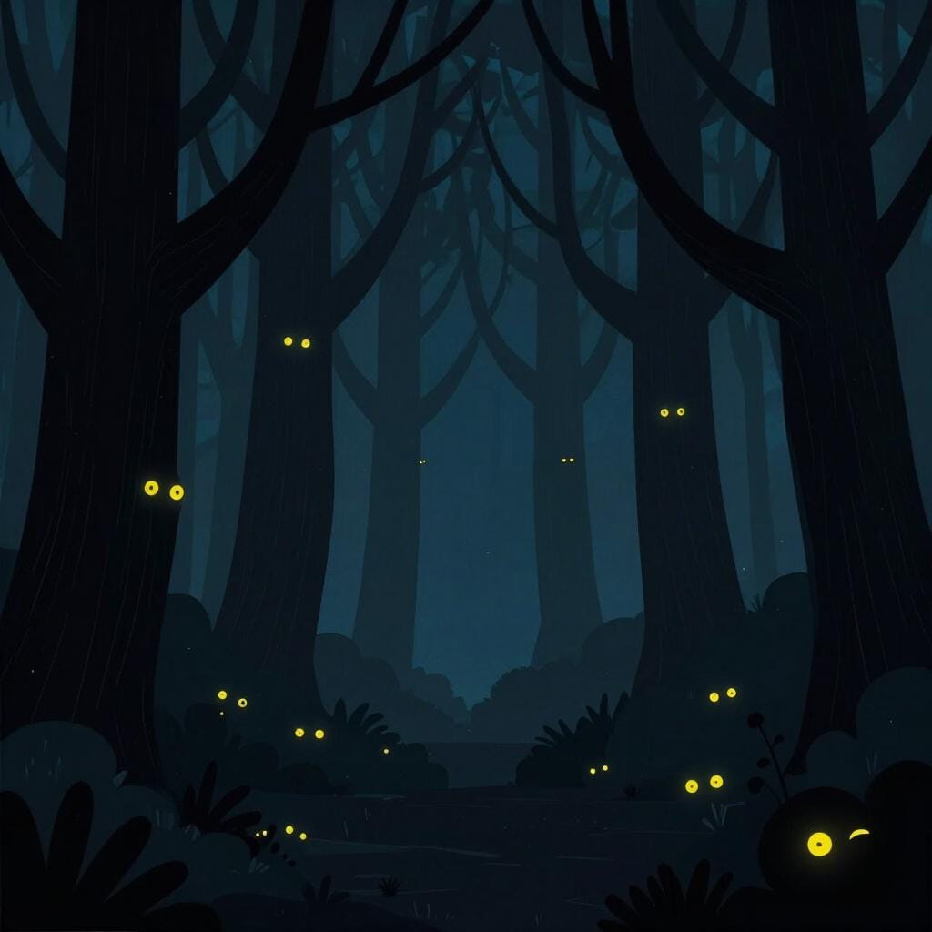 A dense, dark forest at night with many small, glowing eyes peering out from behind the gnarled trees.