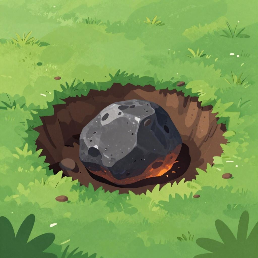 Ein dunkler, strukturierter Weltraumfelsen, der in einem kleinen Krater auf einem grasbewachsenen Feld liegt.