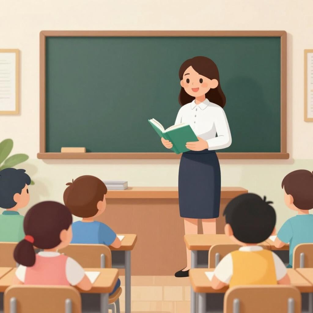 A friendly teacher standing at the front of a classroom next to a chalkboard, stepping in for the regular teacher.