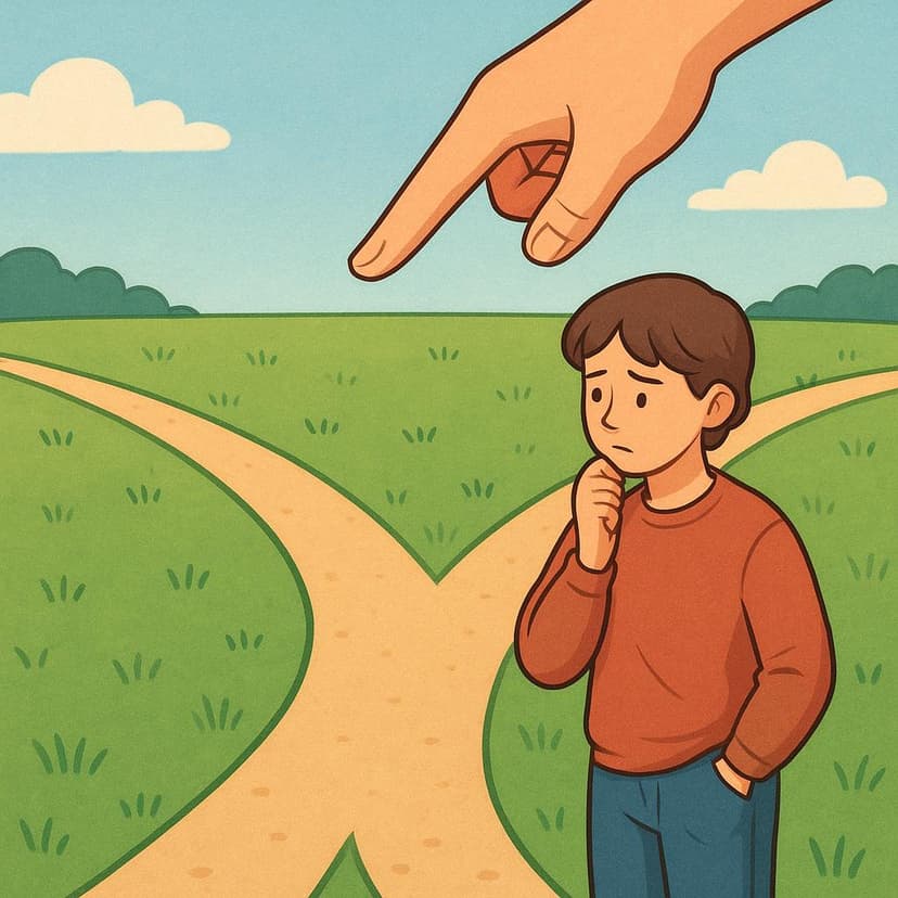 A young person stands at a fork in a winding road, looking back wistfully toward one path. A large, gentle hand descends from above and points clearly down that path, symbolizing past advice or an obligation that was not met.