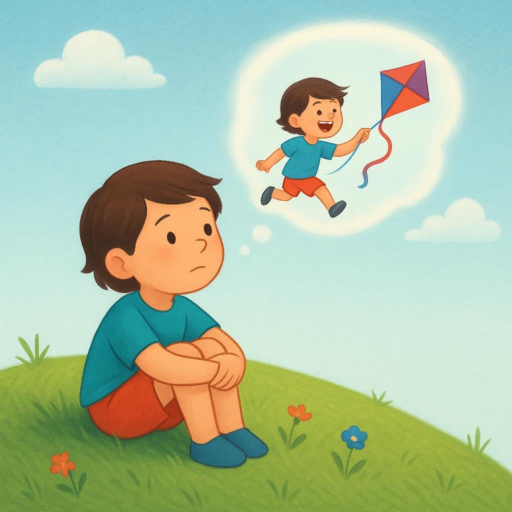 A storybook illustration of a child sitting quietly on a grassy hill, looking thoughtful. Above the child's head, a small, soft, floating image of the child laughing while flying a kite appears, symbolizing a memory.