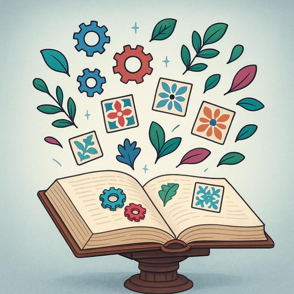 A large, open, antique leather-bound book on a pedestal, with several small, distinct objects floating into its pages, symbolizing a collection.