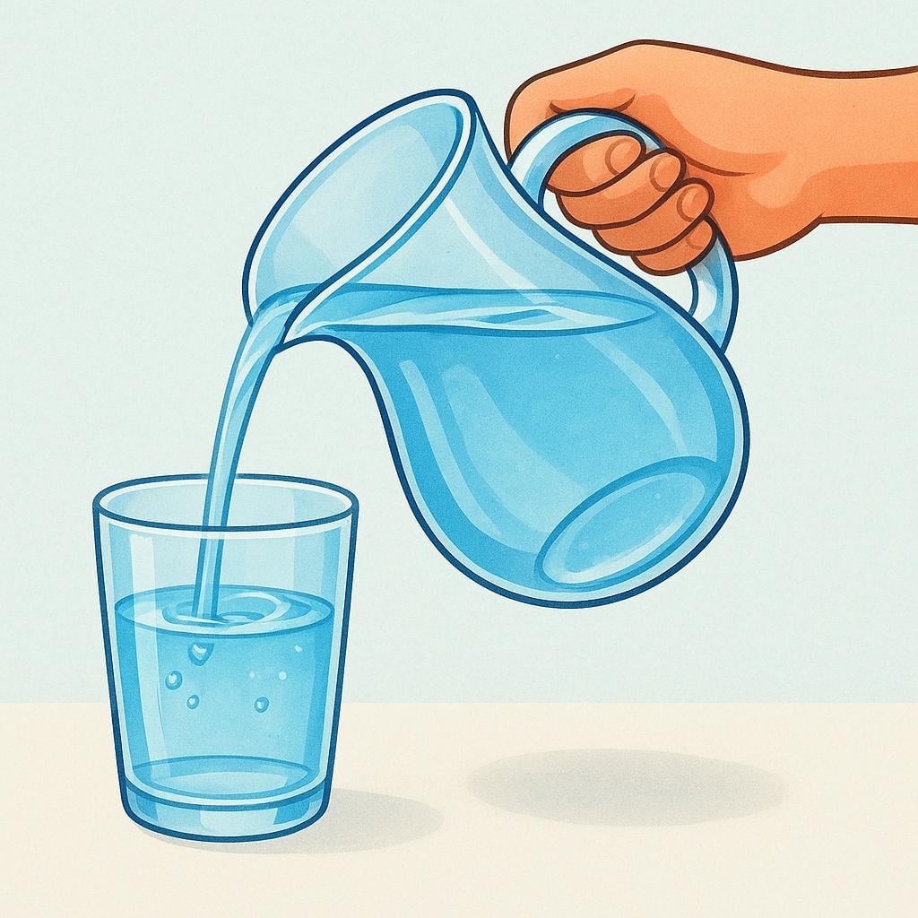 A hand holding a clear glass pitcher pouring water into a clear drinking glass.