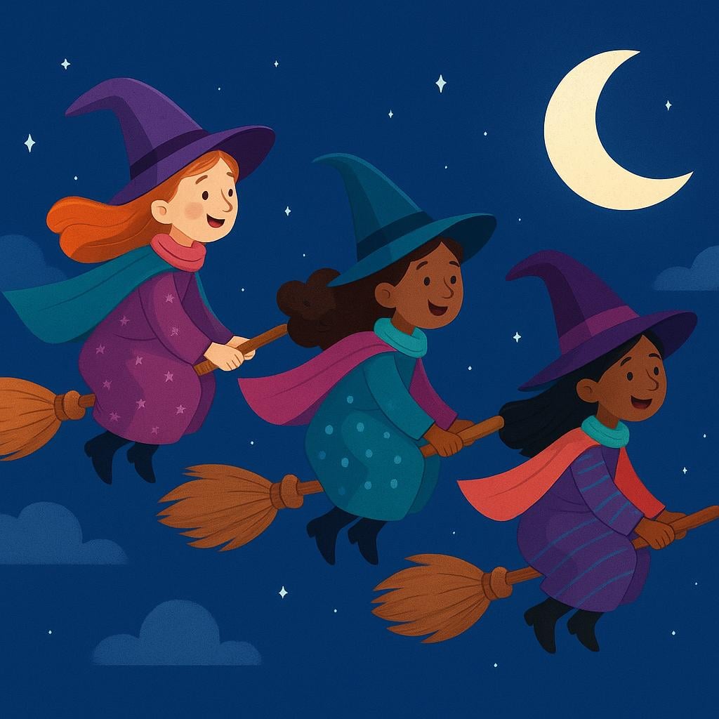 Three cartoon witches wearing pointed hats flying across the night sky on broomsticks above a dark forest.