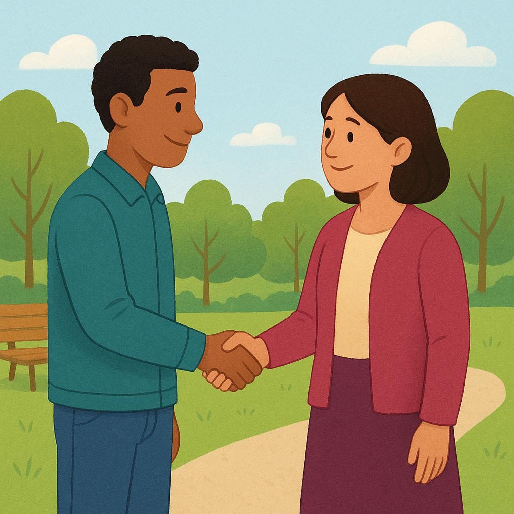 Two friendly people smiling and shaking hands warmly in a bright green park, symbolizing a planned meeting or get-together.