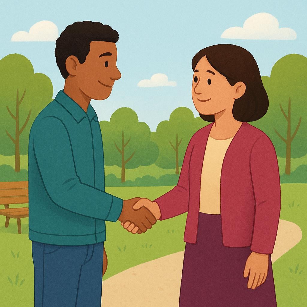 Two friendly people smiling and shaking hands warmly in a bright green park, symbolizing a planned meeting or get-together.
