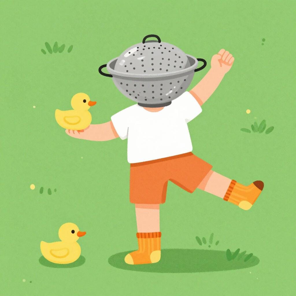 머리에 콜랜더를 쓰고 짝짝이 신발을 신은 사람이 고무 오리를 들고 장난스럽게 춤추는 모습.