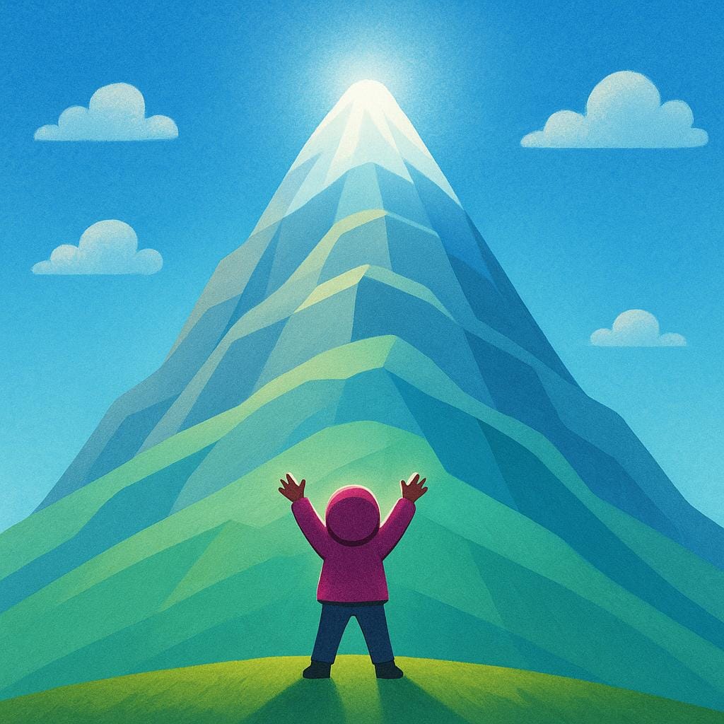 決意の固い小さな人物が、高く様式化された山の明るく照らされた頂上に向かって自信を持って手を伸ばしている様子。成功への強い願望を象徴している。