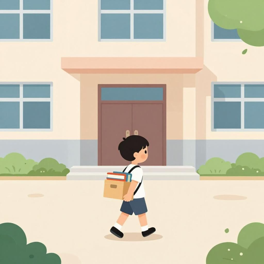 Een verdrietige student loopt weg van een groot schoolgebouw met een doos met spullen.