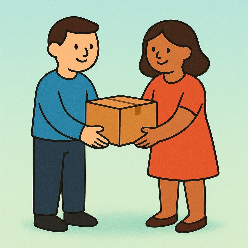Two figures, a man and a woman, are lifting a small brown box together.