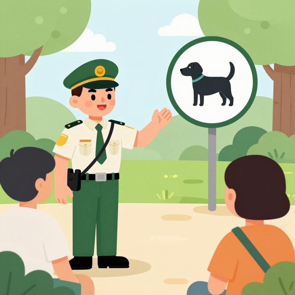 Un ranger del parco in uniforme verde indica un cartello con un cerchio rosso e un simbolo di guinzaglio, mostrando le regole a un visitatore.