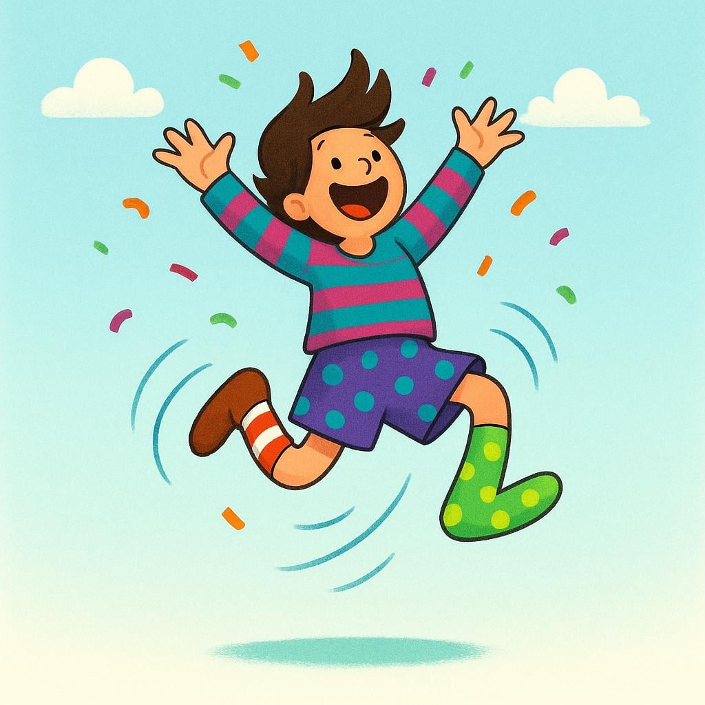 A person wearing brightly colored, mismatched clothing is leaping wildly and joyfully high into the air with their arms flung out.