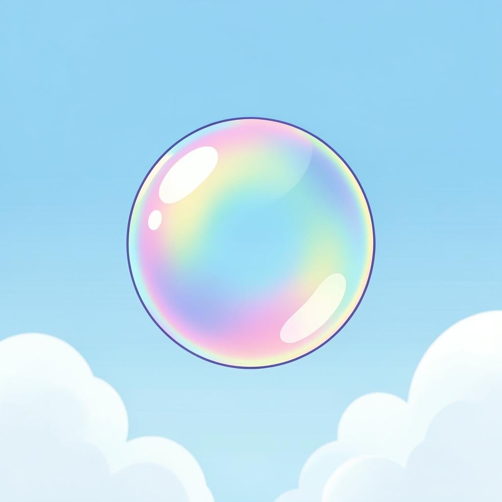 A single iridescent soap bubble floating in the clear blue sky.