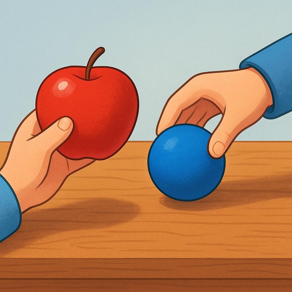 A person's hand reaching out to replace a red apple with a blue ball on a wooden table, illustrating the action of changing objects.