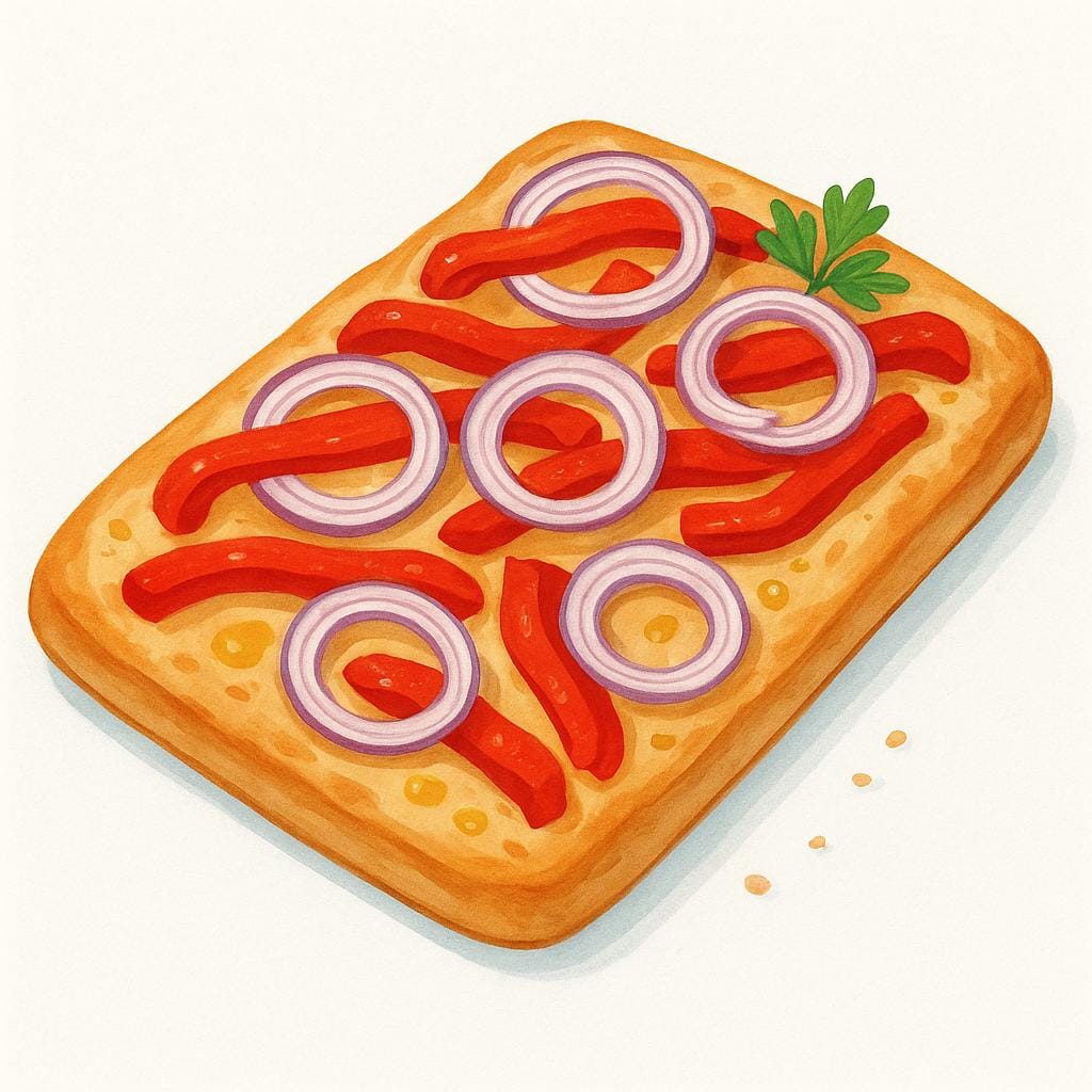 A rectangular piece of flat Spanish pastry (coca) topped with slices of red pepper and onion.