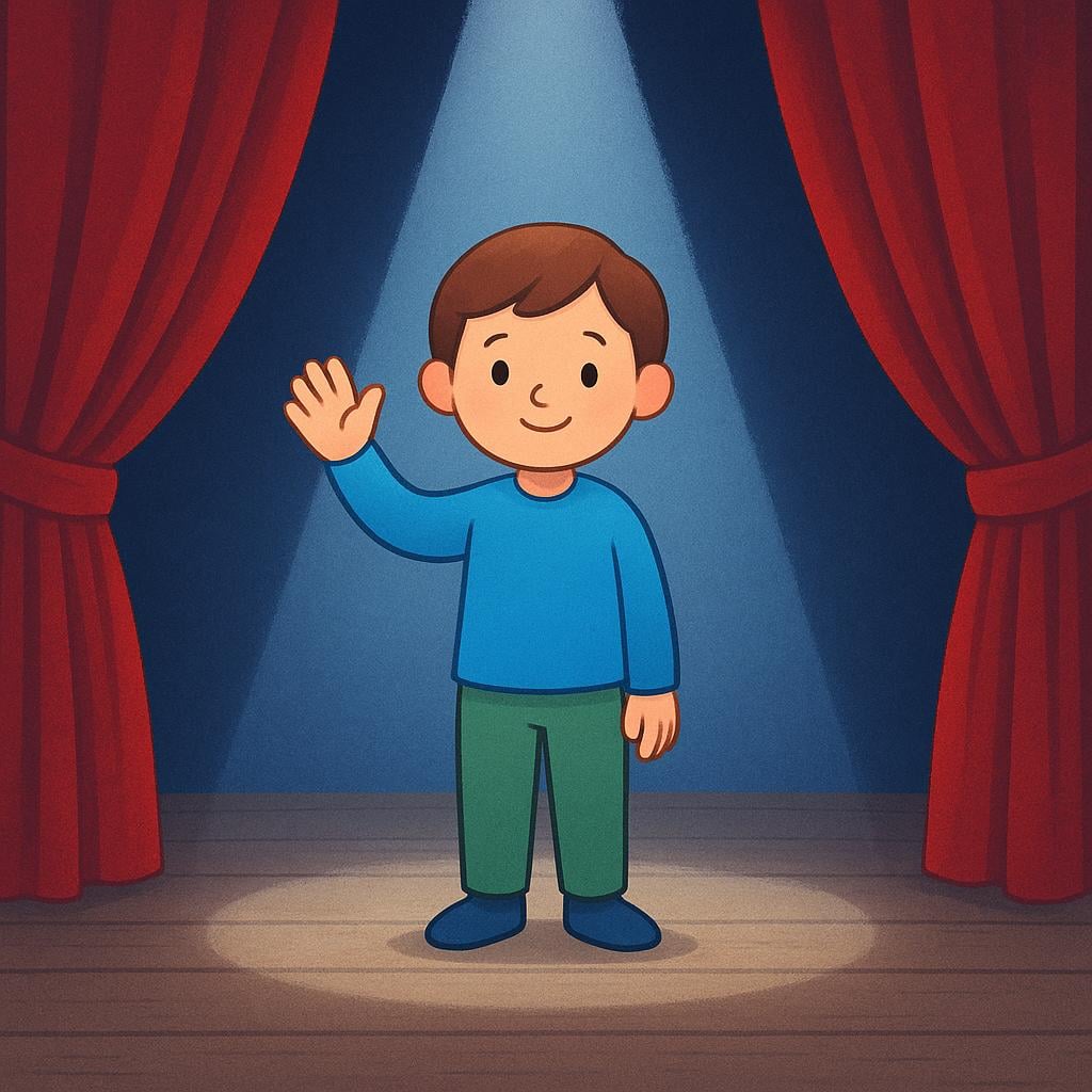 A simple illustration of a stage framed by large red curtains. A spotlight illuminates a single performer standing center stage, clearly visible to an implied audience.