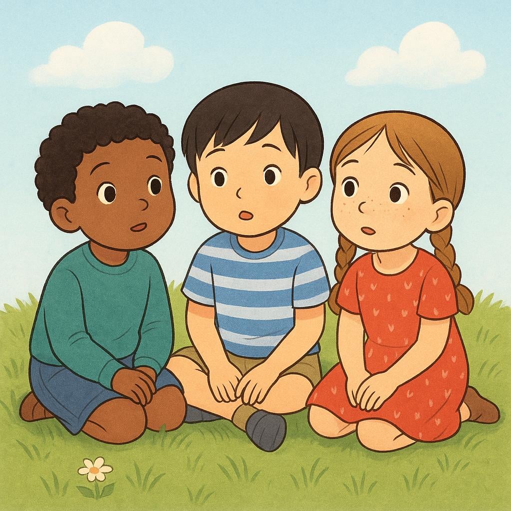 Three small children sitting closely together on green grass in a bright park setting. Their expressions are focused, and their heads are tilted, showing they are listening intently to a sound coming from off-frame.