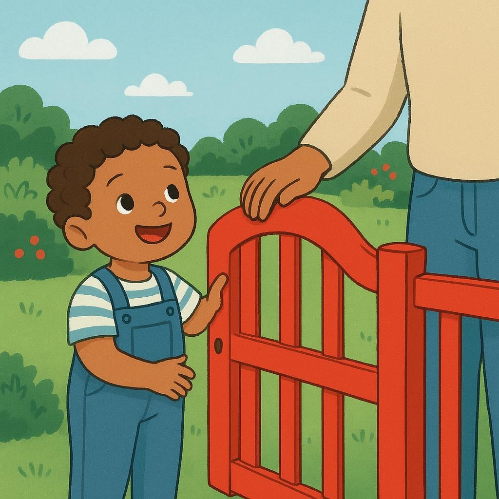 A small child receiving permission from an adult to open a colorful gate and enter a playground.