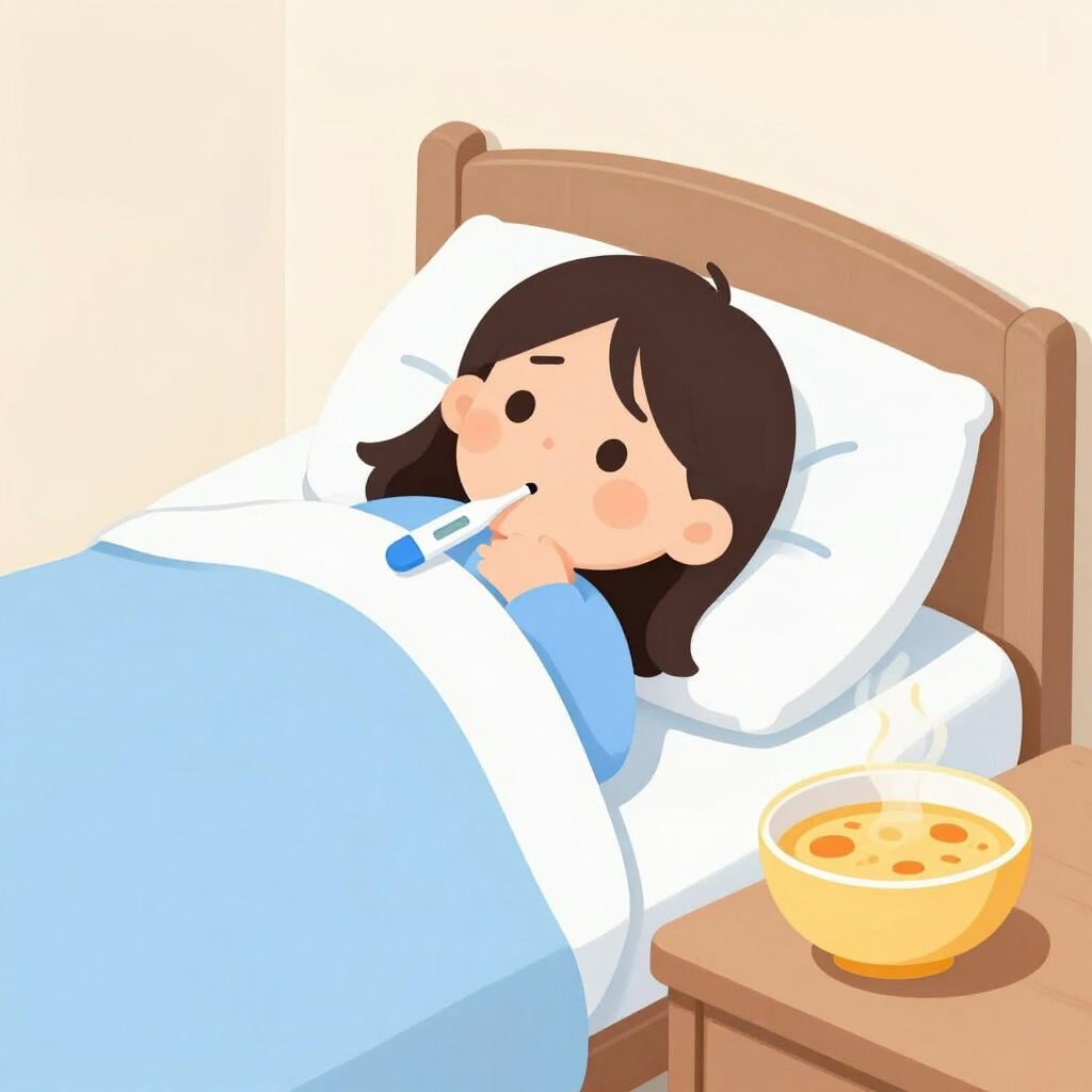 Une personne se reposant au lit avec un thermomètre dans la bouche et un bol de soupe à proximité.