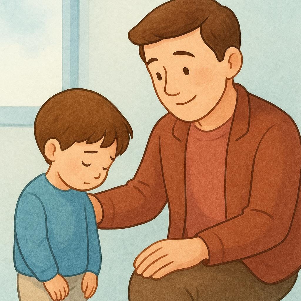 一人の大人が、申し訳なさそうな小さな子供の肩に慰めるように手を置いており、許しや赦しを与える行為を象徴している。