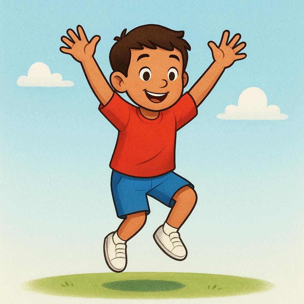 Um menino sorridente vestindo roupas casuais é capturado no ar, tendo acabado de saltar alto do chão, ilustrando a ação de pular.