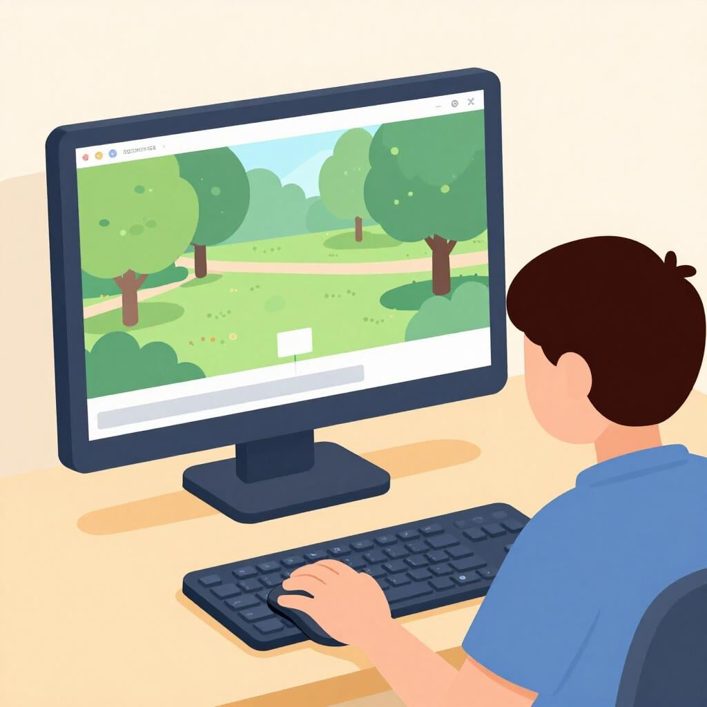 A person sitting at a desk with a large computer monitor, carefully placing small white boxes onto a video timeline.