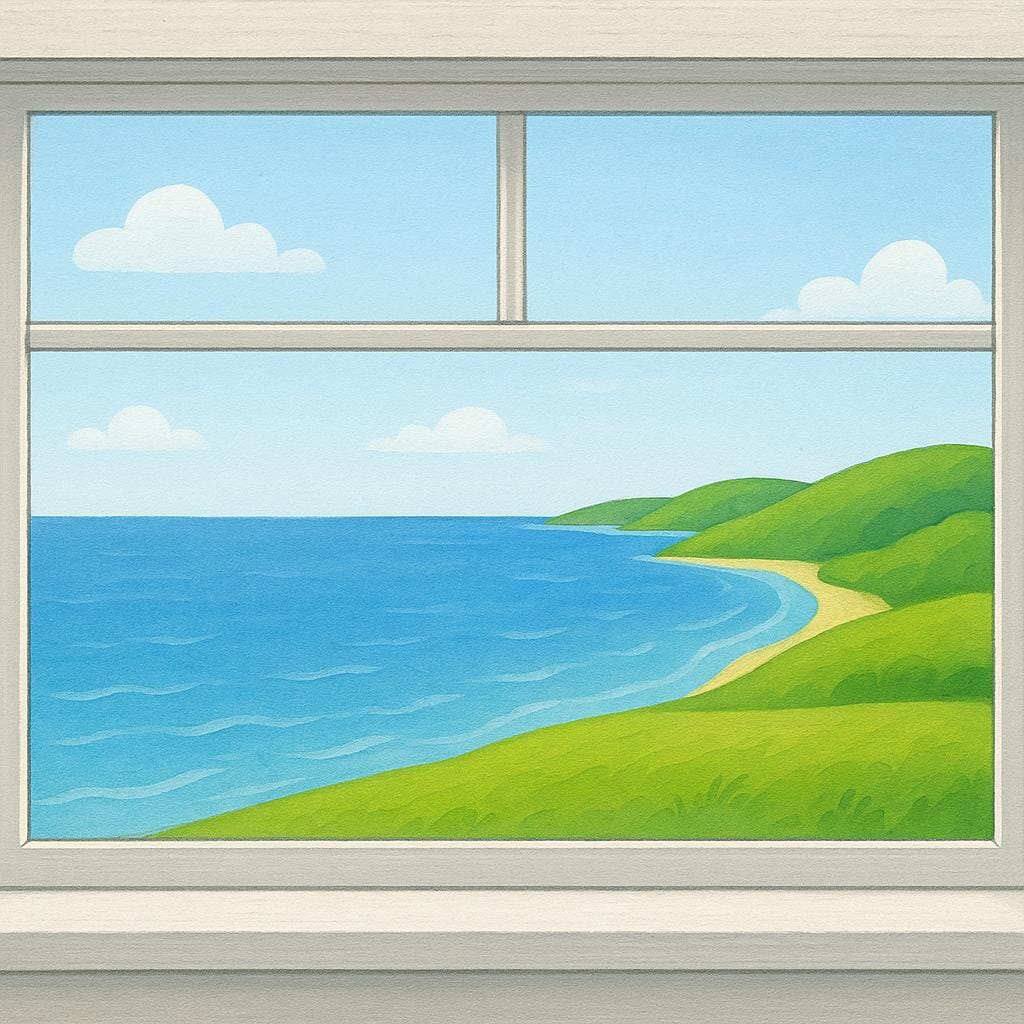 A beautiful, panoramic view of a calm blue ocean and distant mountains seen clearly from a large, open window or balcony.