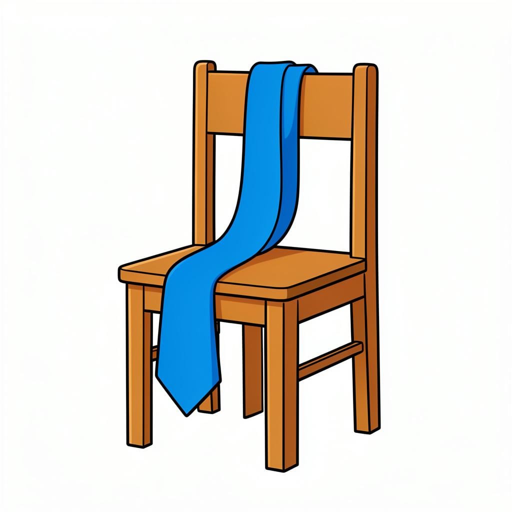 A high quality simple colorful storybook illustration of a blue necktie and a sturdy wooden chair.