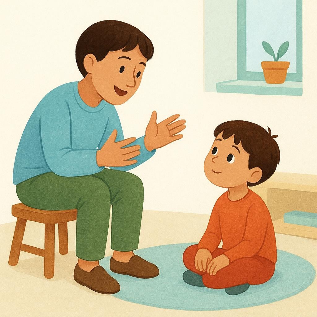 A person sitting on a small wooden stool, leaning forward and speaking animatedly with hand gestures to a child who is sitting on the floor, listening intently.