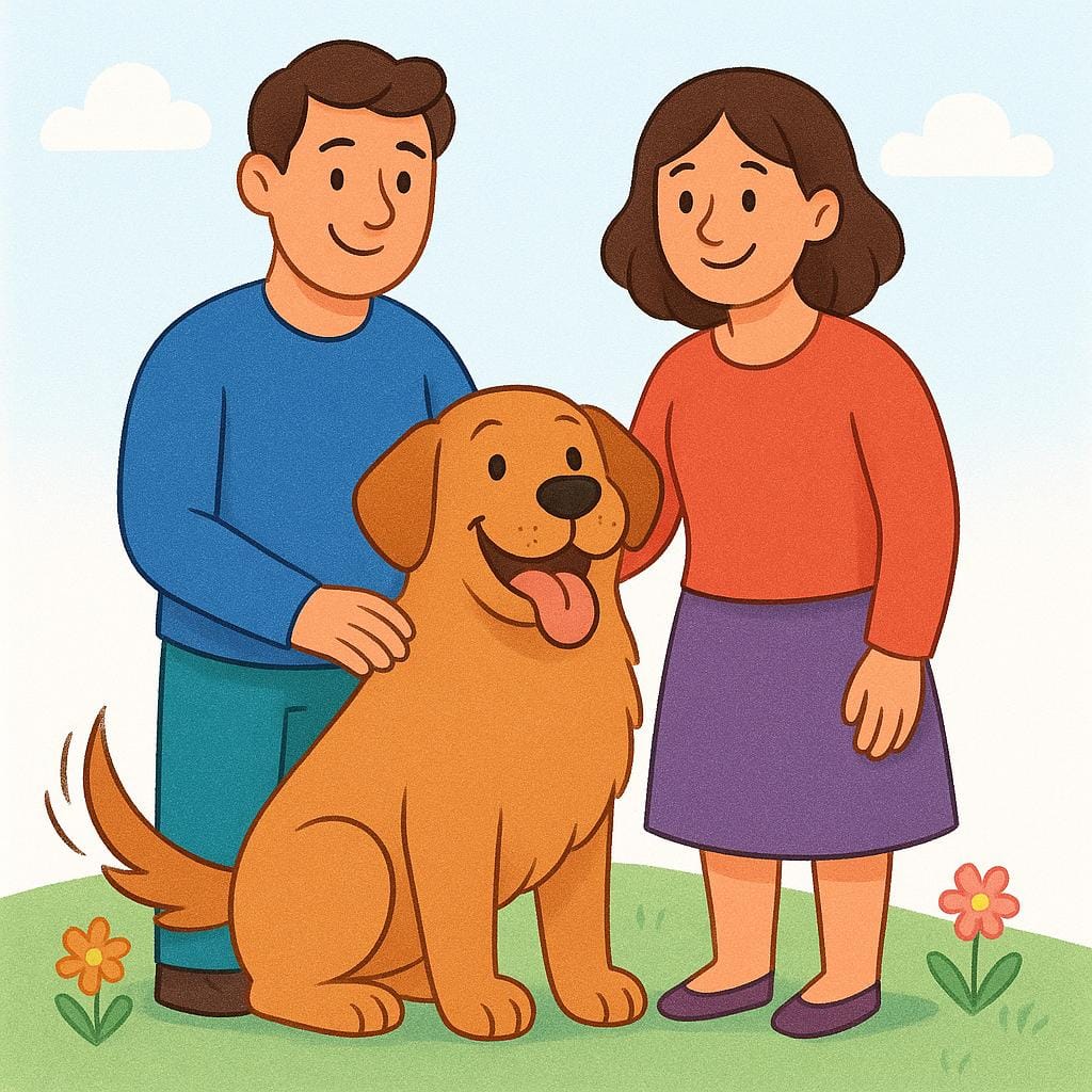Eine farbenfrohe Bilderbuchillustration, die einen lächelnden Mann und eine Frau zeigt, die nebeneinander stehen und jeweils eine Hand auf einen großen, freundlichen Golden Retriever legen, was das gemeinsame Eigentum symbolisiert.