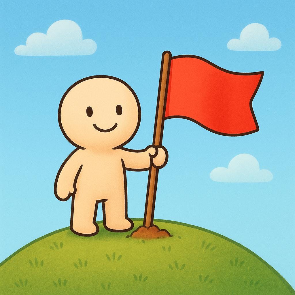 芝生の丘の頂上に、子供のような姿が立ち、植えられたばかりの鮮やかな赤い旗を誇らしげに掲げている。