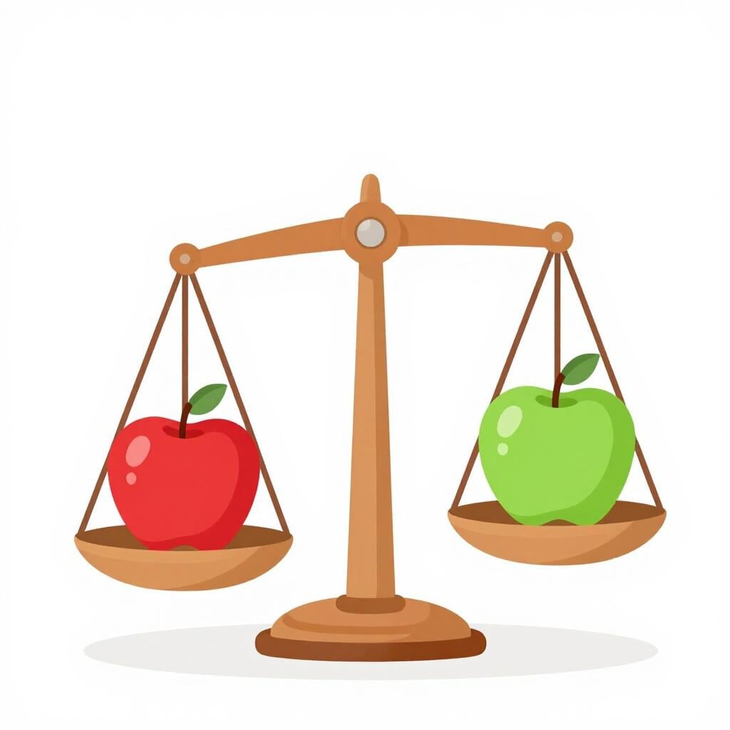 A classic balance scale with a red apple on one side and a green apple on the other, perfectly balanced.