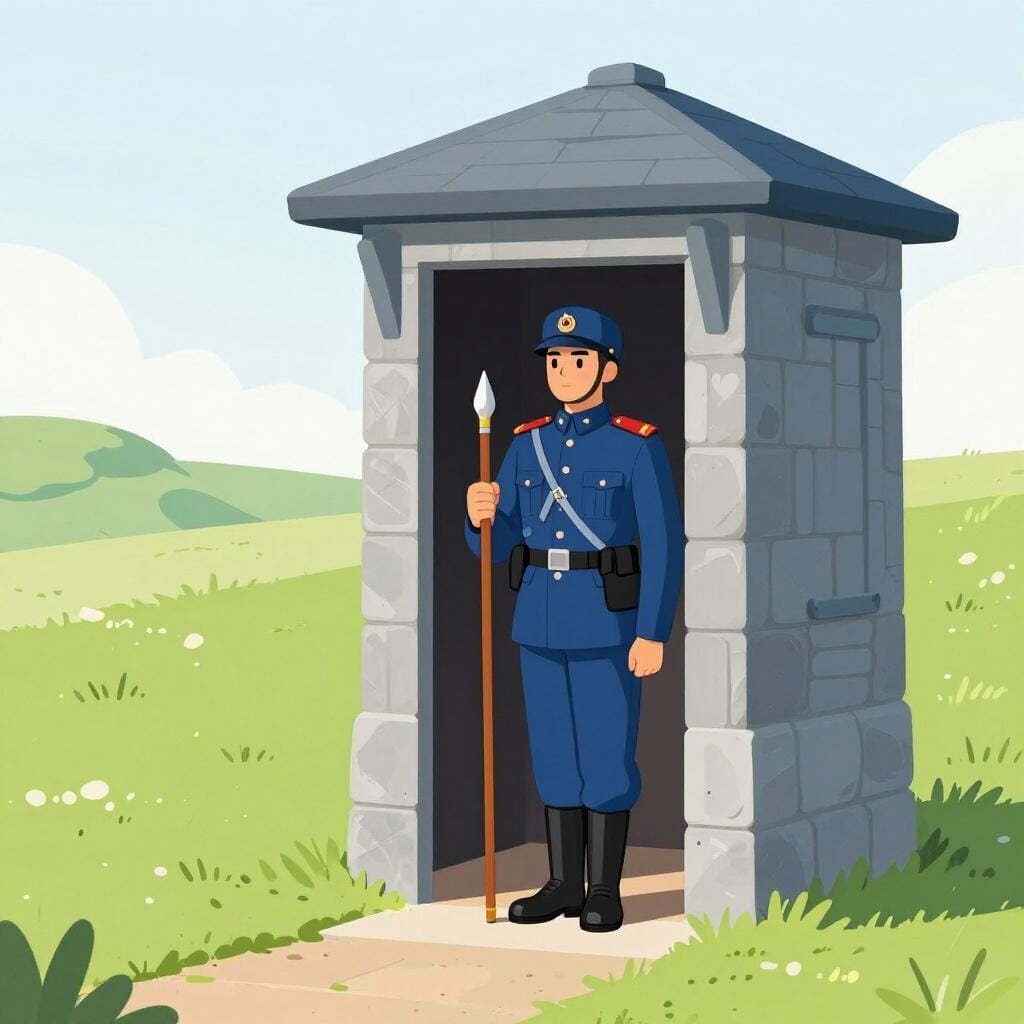 A soldier in a uniform standing tall and alert outside a stone guardhouse.