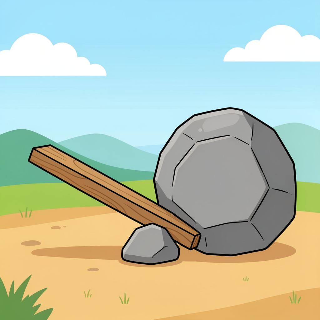 A wooden plank resting on a small rock being used to lift a large heavy boulder.