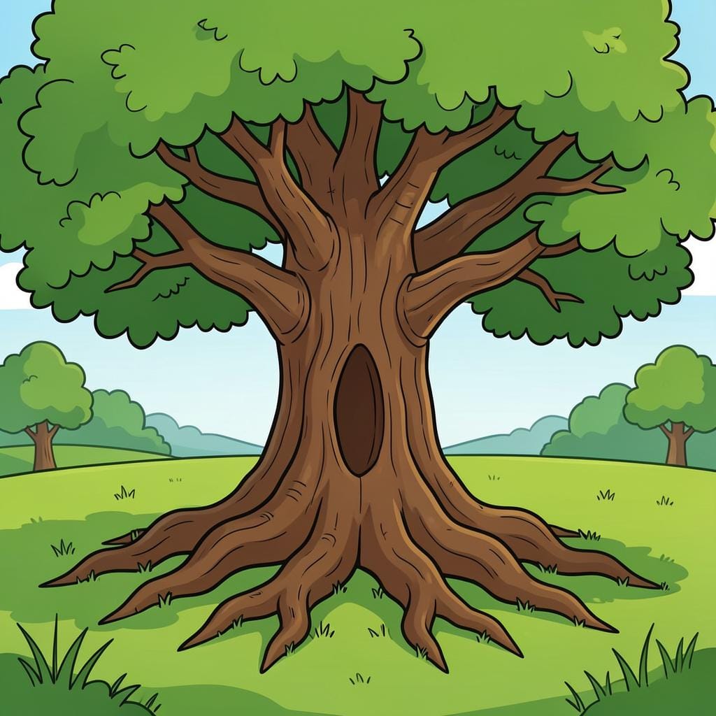 A very old, large tree with thick roots and many branches.