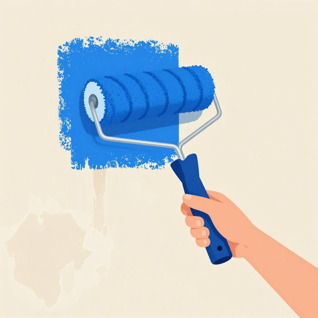 A person painting a worn wooden wall with a bright, fresh coat of blue paint.