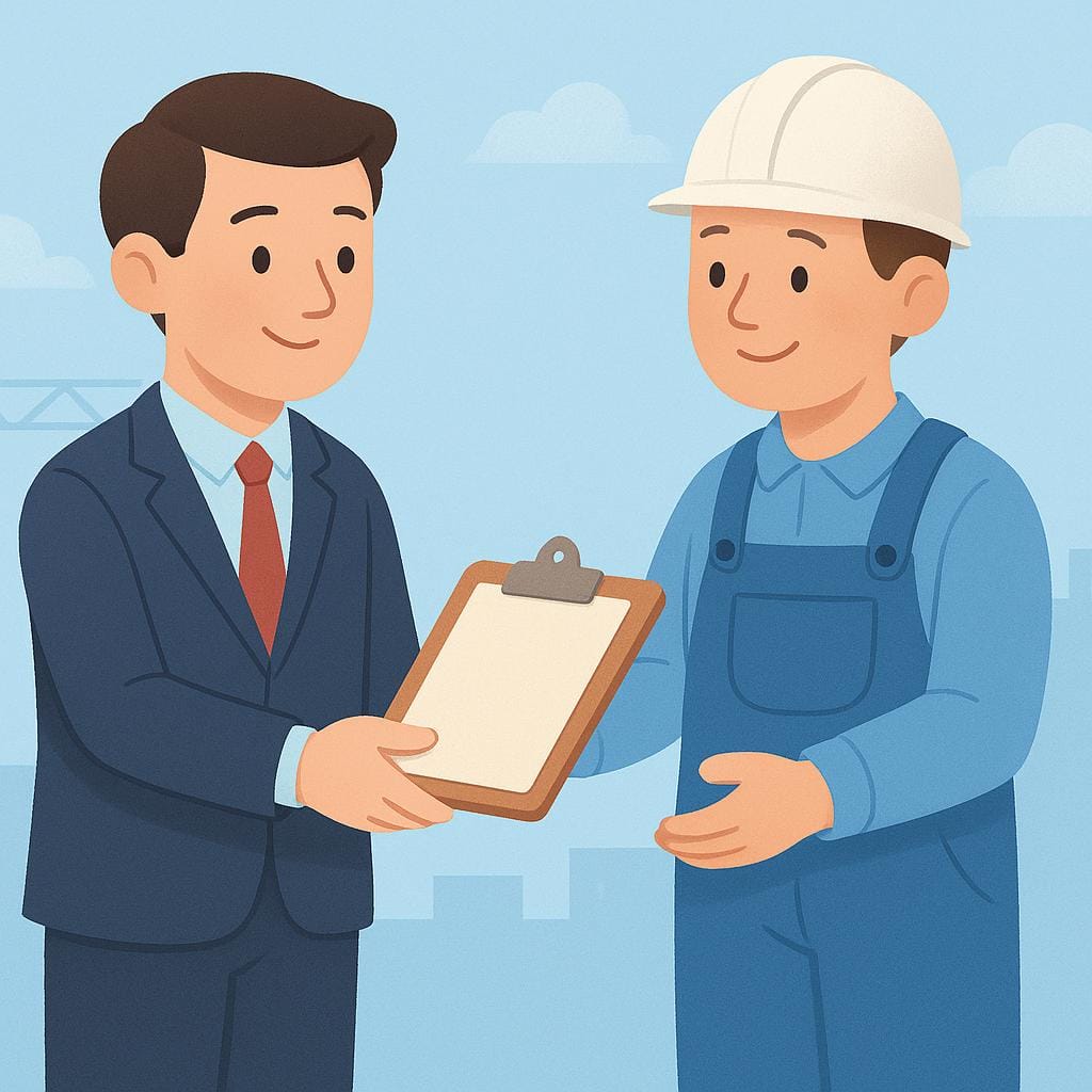 A formally dressed person in a dark suit is handing a clipboard and pen to a worker wearing blue overalls and a hard hat, indicating a formal instruction to start a task.
